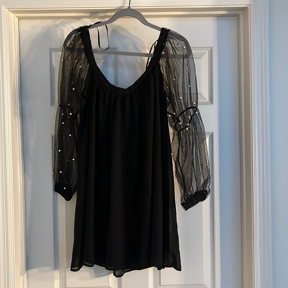 Black mesh puff sleeve shift dress